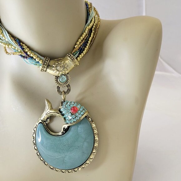 Statement Choker Pendant Necklace Fashion Gemstone Blue Fish Pendant - Picture 1 of 16